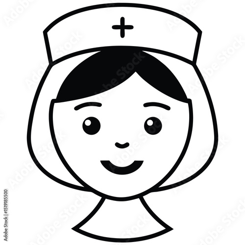 A smiling cartoon nurse with a cross on her hat is depicted in a simple illustration style