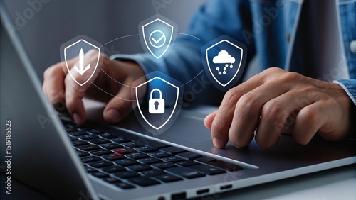 The image features hands interacting with a laptop, with an overlay of icons related to cybersecurity, such as a shield with a checkmark, lock, cloud, and document symbols