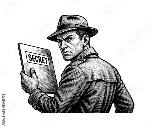 Serious Man in Hat and Trench Coat Holding Secret File in Engrave Style