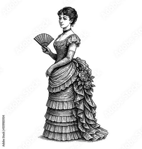 Elegant Victorian Woman Holding Fan in Intricate Black and White Engraving Art Style