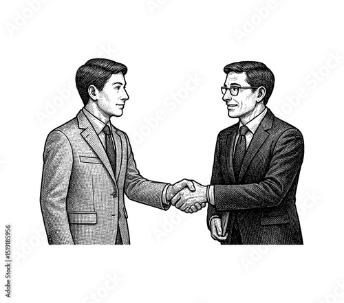 Two businessmen in suits shaking hands in a professional agreement illustration