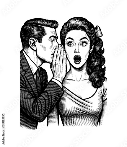 Man Whispering a Secret to Woman in Shocked Expression Detailed Black and White Illustration