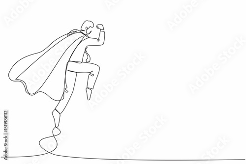 Single one line drawing superhero businessman parry blow. Man in superman costume and mantle standing after fight. Victory, winner concept. Modern continuous line design graphic vector illustration