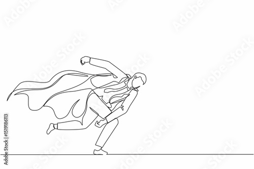 Single continuous line drawing superhero businessman punching breaking through problem. Elimination obstacles. Motivation to win, reliable leadership. One line draw graphic design vector illustration