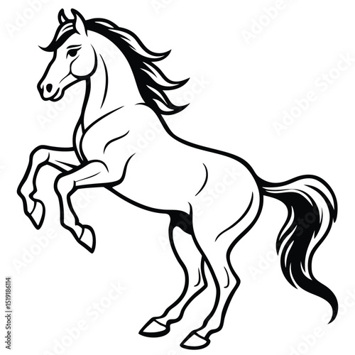 A white horse rearing up on its hind legs, mane flowing, in a dynamic illustration.