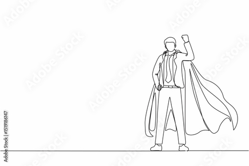Single continuous line drawing superhero strong showing muscle. Superhero officer in action. Businessman character superhero. Office employees. Dynamic one line draw graphic design vector illustration