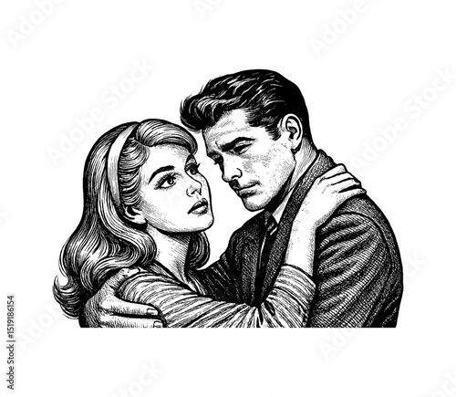 Illustration of a Caucasian couple embracing, love and affection in a vintage style black and white drawing.