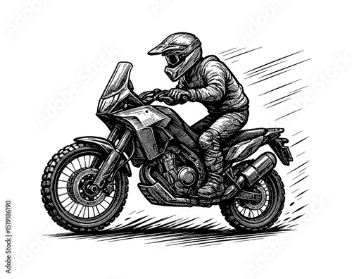 Man Riding Motorcycle in Detailed Black and White Line Art Engraving Style Illustration