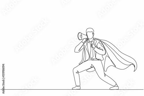 Single continuous line drawing superhero speaking in megaphone. Superhero in cape, happy businessman holding megaphone, successful team leader. Dynamic one line draw graphic design vector illustration