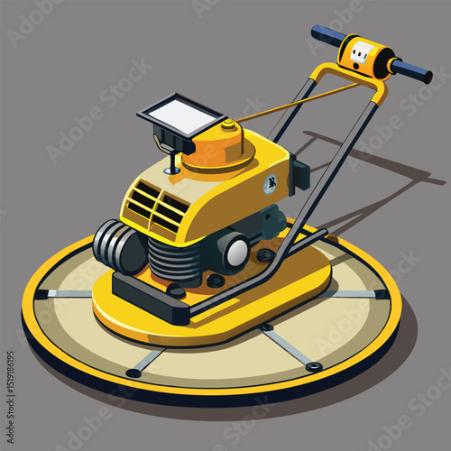 A yellow tamping rammer machine on a concrete slab, viewed from an isometric perspective, in an industrial setting