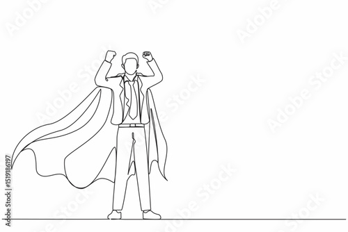 Single one line drawing businessman superhero character, office worker man superhero. Businessman in cloak or cape, standing in superhero pose. Continuous line draw design graphic vector illustration