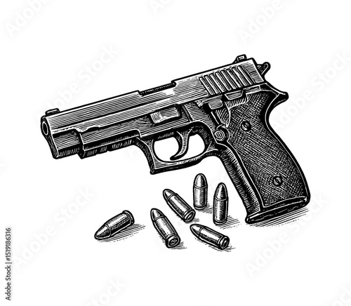 Engraved Handgun with Bullets Illustration Isolated on White Background