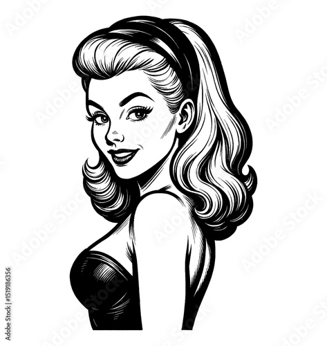 Attractive Caucasian Woman with Retro Hairstyle and Dress Smiling in a Pinup Style Illustration