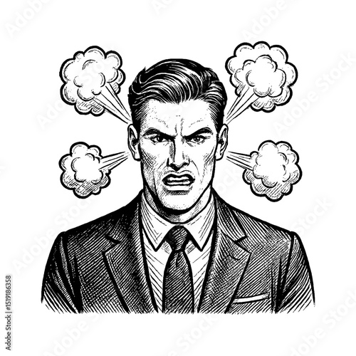 Angry Businessman with Steam Coming from Ears in Black and White Engraving Style