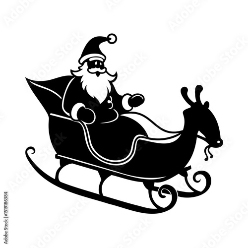 Black and white silhouette of santa claus riding in a sleigh drawn by a reindeer