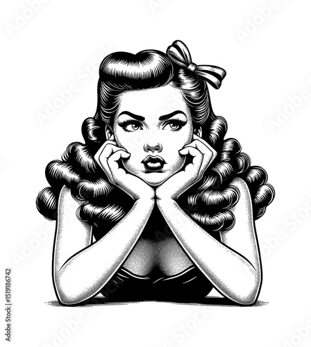 Glamorous Woman with Curly Hair and Bow Resting Chin on Hands in Vintage Style Illustration