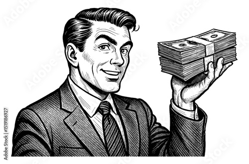Smiling Caucasian man in suit holding stack of money with confident expression in black and white