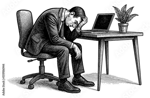 Frustrated Businessman Sitting at Desk with Laptop Looking Anxious in Engraving Style Art