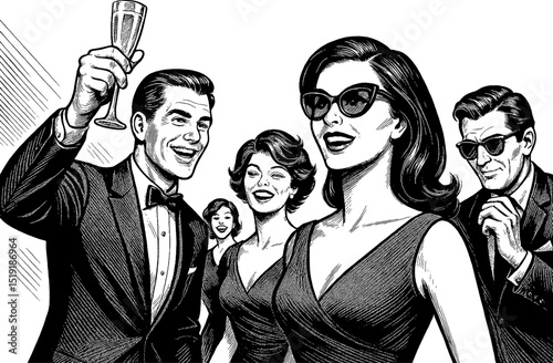 Group of elegant people smiling and celebrating success with champagne in engraved style