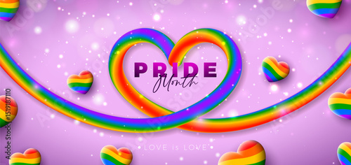Happy Pride Month LGBTQ Banner Illustration with Rainbow Color Heart Symbol on Pink Background. June Love is Love Human Rights or Diversity Concept. Vector LGBT Event Banner Design for Postcard