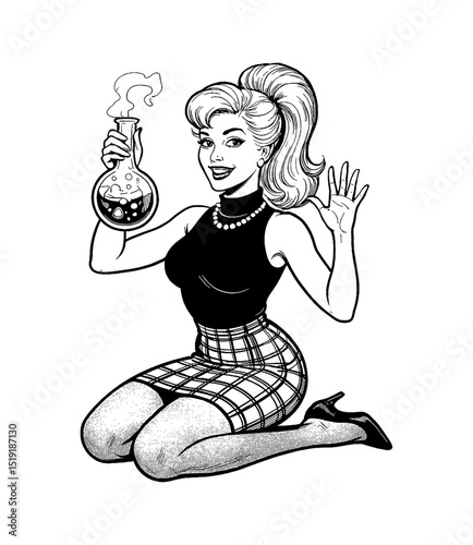 Caucasian Woman Kneeling Holding Beaker with Bubbles and Waving Hand in Retro Style Illustration