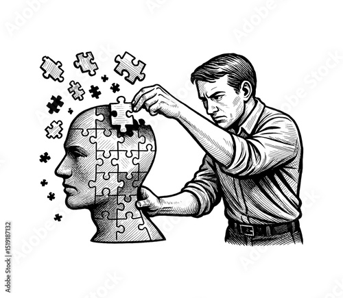 Man putting a puzzle piece into a puzzle head in detailed black and white drawing