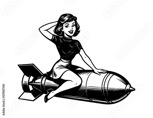 Pinup Woman Sitting on Bomb Smiling in Black and White Vintage Illustration