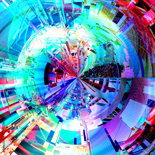 Glitch art, data error. Colorful abstract futuristic radial background pattern.