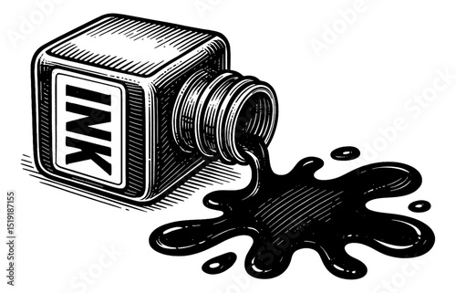 Ink Bottle Spilling Black Ink with Detailed Vector Illustration in Black and White
