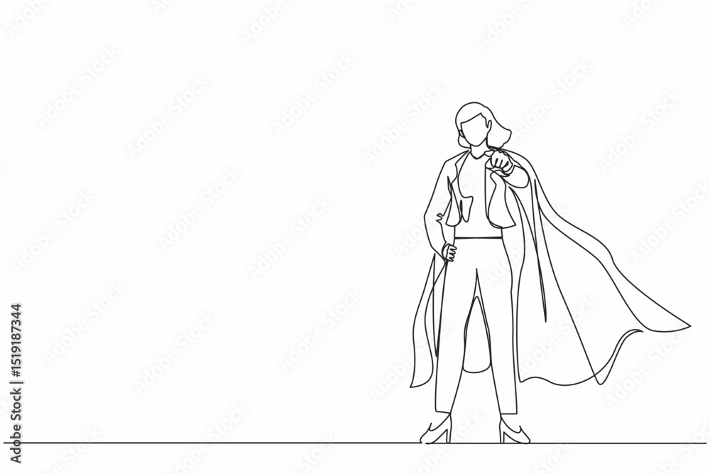 Obraz premium Single one line drawing leadership businesswoman in superhero cloak. Leader or boss pointing direction goals and aims defining strategy development. Continuous line design graphic vector illustration