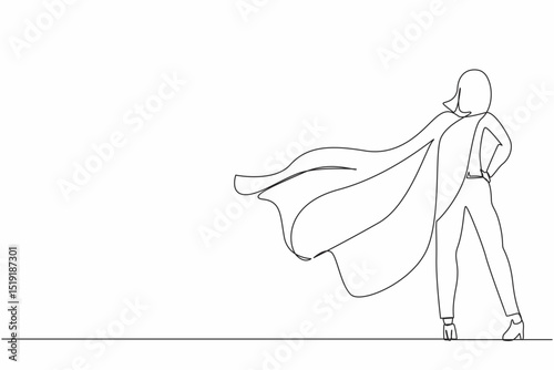 Single continuous line drawing back view confident businesswoman standing in suit and cape. Successful super hero entrepreneur. Leadership, achievement, and career. One line draw graphic design vector