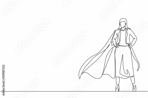 Single continuous line drawing businesswoman wearing superhero cloak. Full length of businessman dressed as superhero. Successful businesswoman superhero in cloak. One line draw graphic design vector