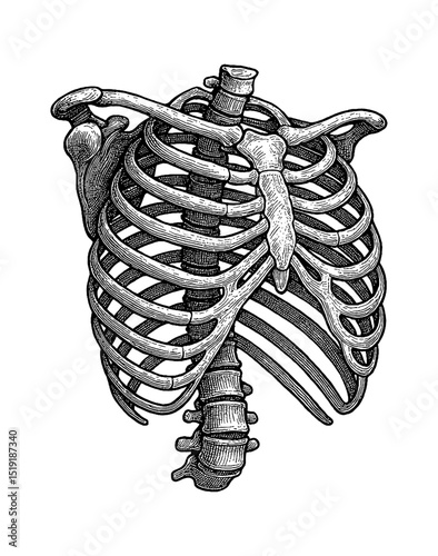 Detailed Engraving of a Human Rib Cage Bone Structure Anatomy Illustration Drawing