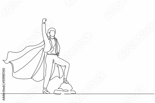 Continuous one line drawing superhero businesswoman in office blazer flying upward with cloak. Joyful woman raising her fist in up rejoicing at her success. Single line draw design vector illustration