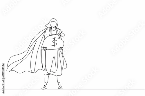 Continuous one line drawing gigantic profits of financial success. Super businesswoman hero with bag of money. Business metaphor. Success, career. Single line draw design vector graphic illustration