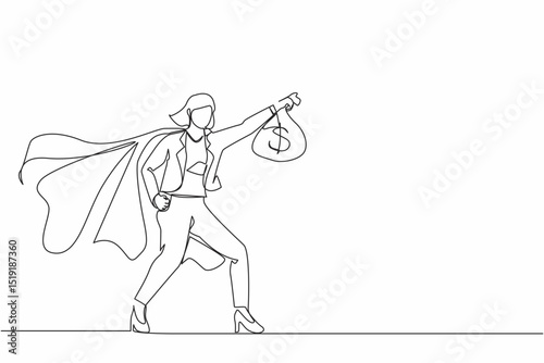 Single one line drawing superhero businesswoman present symbol of income. Happy employee superhero shows money bag metaphor of income, investment, profit, growth. Continuous line draw design graphic