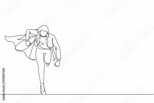 Continuous one line drawing running business hero. Businesswoman in cape superhero actions running. Professional working powerful superheroes. Success, leadership. Single line design vector graphic