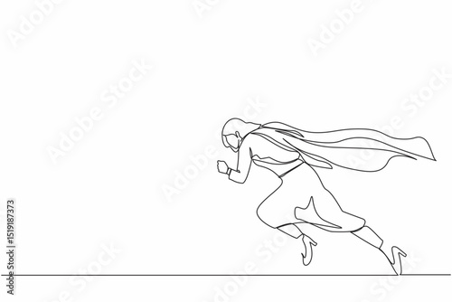 Single continuous line drawing super businesswoman running fast. Business superhero rushing on duty, business concept goal, achievement, and success. One line draw graphic design vector illustration