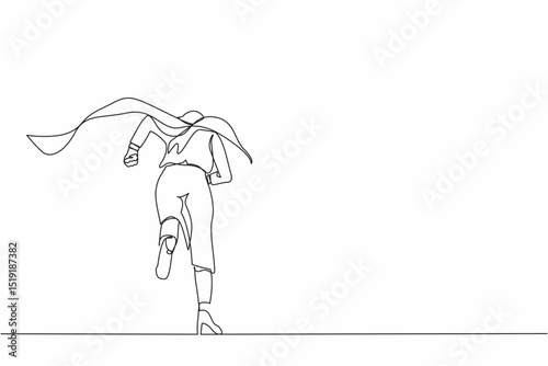 Single one line drawing back view businesswoman superhero running to office. Powerful businesswoman enthusiastic with ideas, innovation. Modern continuous line draw design graphic vector illustration