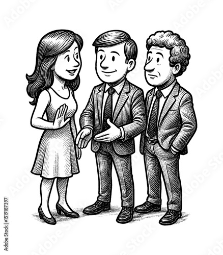 Group of Business People in Suits Talking, Black and White Detailed Engraving Style Illustration