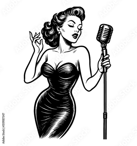 Elegant Woman in Dress Singing into Microphone, Black and White Vintage Illustration, Pinup