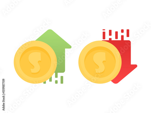 Symbol of rising and falling prices. Coin with a green up arrow and a red down arrow.