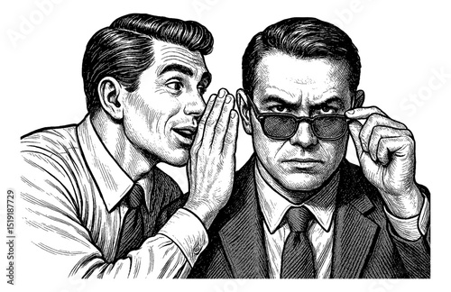 Man Whispering Secret to Another Man with a Stern Expression in Detailed Line Art