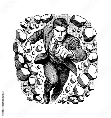 Determined Businessman Punching Through Obstacles with Forceful Energy in Detailed Engraving