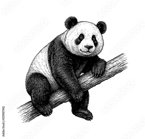 Panda sitting on a tree branch monochrome detailed ink drawing illustration