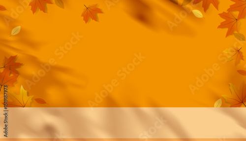 Autumn background with red maple leaves on orange wall interior,Vector Studio background of Natural seasonal with shadow leaf,light on floor for fall season, Thanksgiving banner