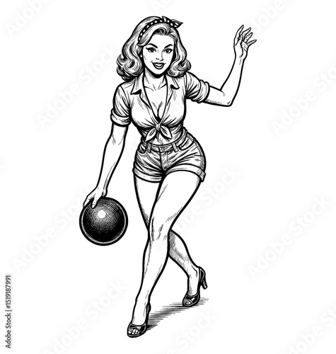 Smiling Pinup Woman Holding Bowling Ball and Waving Hand in Cartoon Style Black and White Art