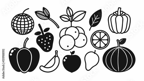 vector set icon of vegetables black and white