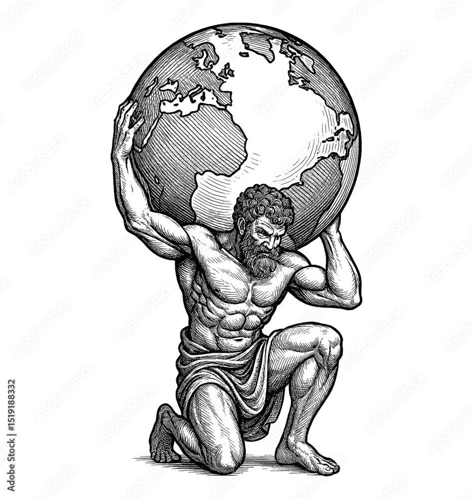Fototapeta premium Atlas Kneeling Holding Globe on Shoulders Detailed Engraving Black and White Drawing