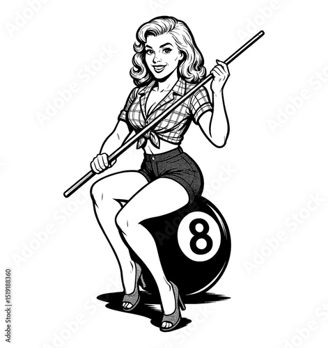 Smiling pinup girl sitting on 8 ball holding pool cue, black and white vintage drawing
